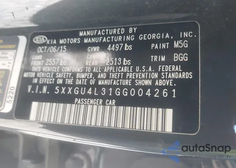 2016 Kia Optima Ex from USA, damaged, VIN 5XXGU4L31GG004261